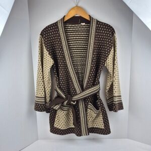 Belted Knit Cardigan Jacket Brown‎ Cream Long Sleeve Open Front VTG Women's S/M